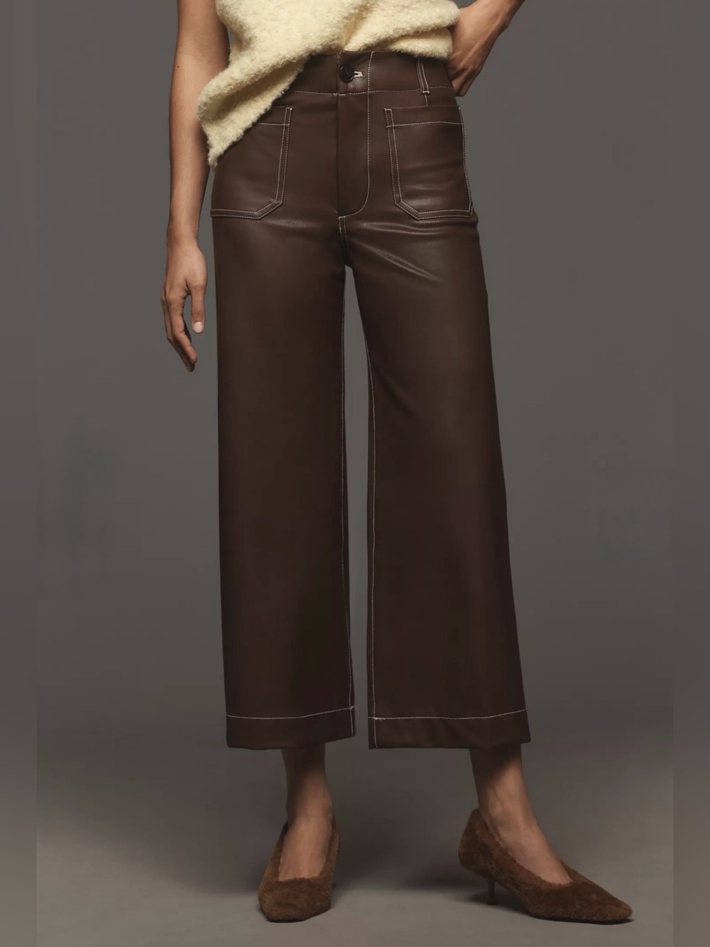 Maeve Cropped Faux-Leather Wide-Leg Pants in Dark Brown - Picture 3 of 13